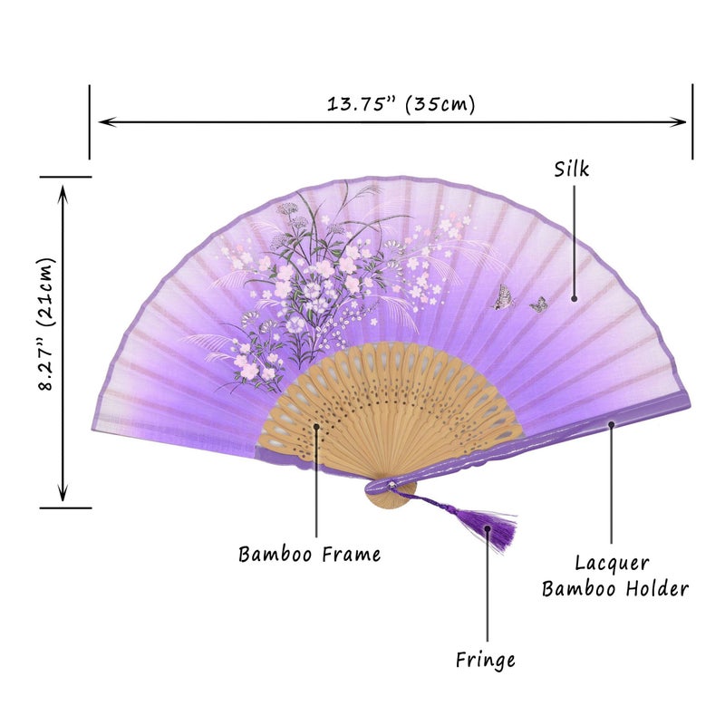 OMyTeaÂ® "Grassflowers 8.27"(21cm) Hand Held Folding Fans - With a Fabric Sleeve for Protection for Gifts - Chinese/Japanese Vintage Retro Style (Purple) - Image 2